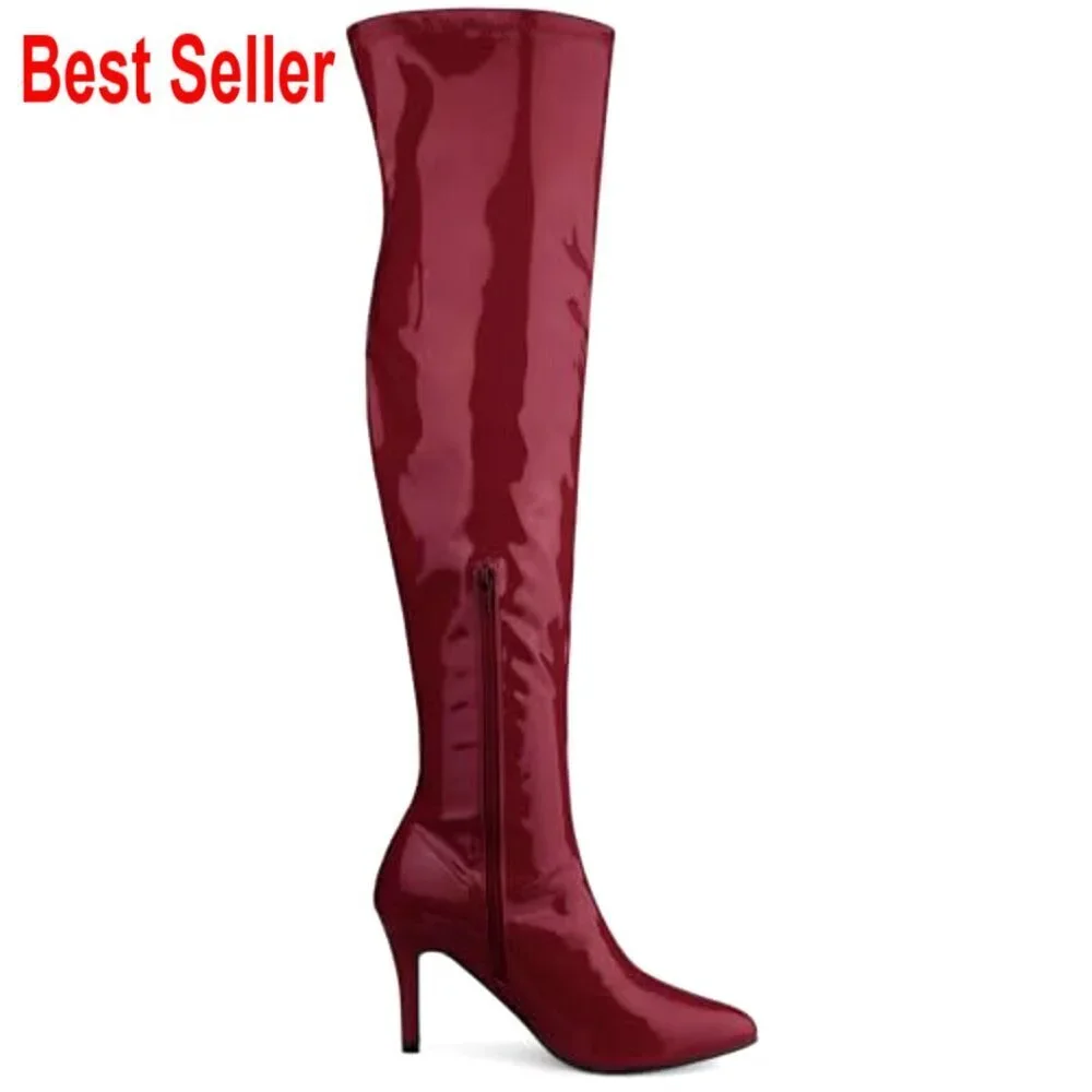 Patent Leather Over The Knee Boots with Stiletto Heels and Pointed Toe